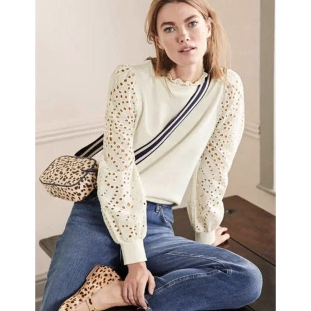Boden Women's Broderie Blouson Sweatshirt Sweater Eyelet Sleeves Cream Preppy 10